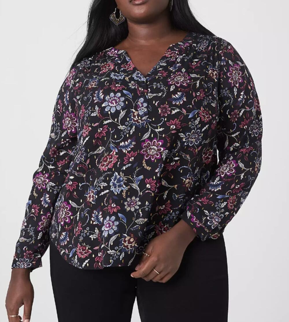 Lane Bryant Classic Long Sleeve Split Neck Yoke Popover Blouse Metallic Floral